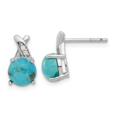 Rhod-Plated Polished CZ &amp; Recon. Turquoise Post Earrings Sterling Silver QE17419, MPN: QE17419,