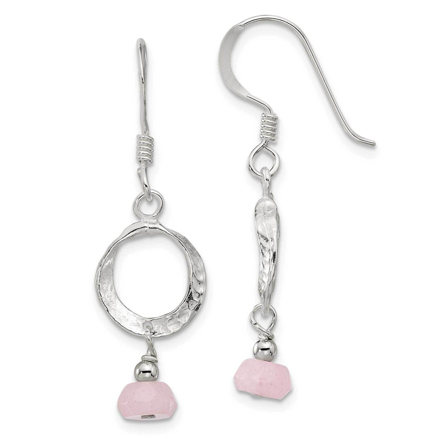 Textured Circle Rose Quartz Dangle Earrings Sterling Silver Polished QE17310