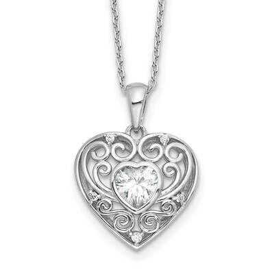 Cheryl M Brilliant-Cut CZ Heart 18 Inch Necklace 2 Inch Extender Sterling Silver Rhodium-Plated QCM…