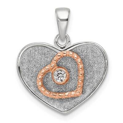 Rose-Tone Polished Glitter Fabric CZ Heart Pendant Sterling Silver QC11285, MPN: QC11285,