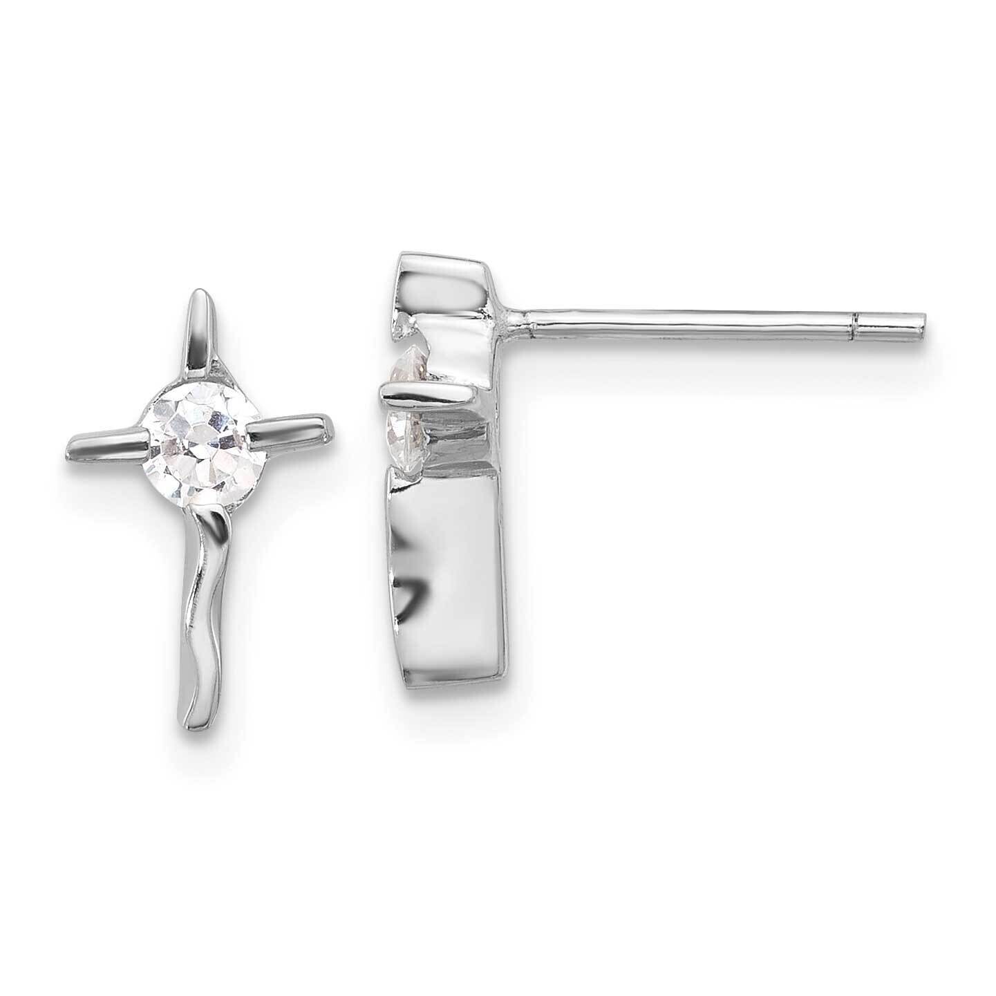 Polished CZ Wavy Cross Post Earrings Sterling Silver Rhodium-Plated QE17686