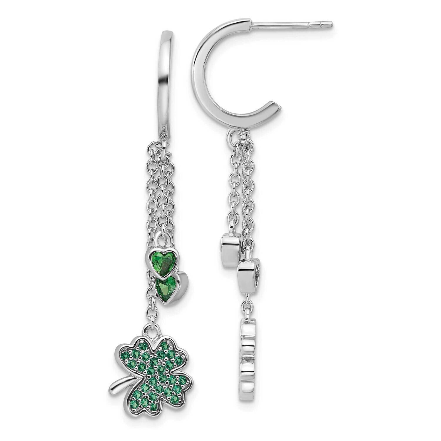 Green CZ Clover Heart Post Hoop Earrings Sterling Silver Rhodium-Plated QE17600