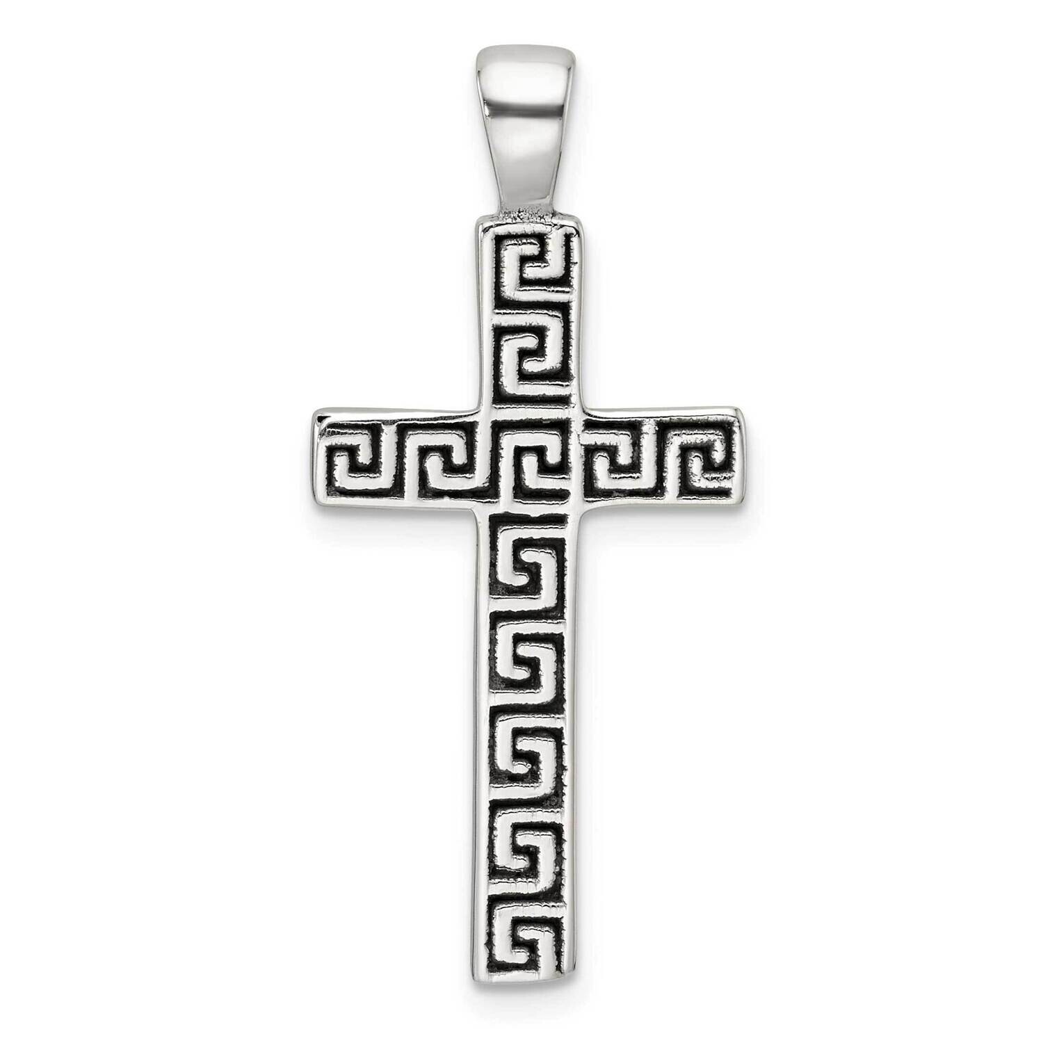 Antiqued Greek Key Latin Cross Pendant Sterling Silver Polished QC11397