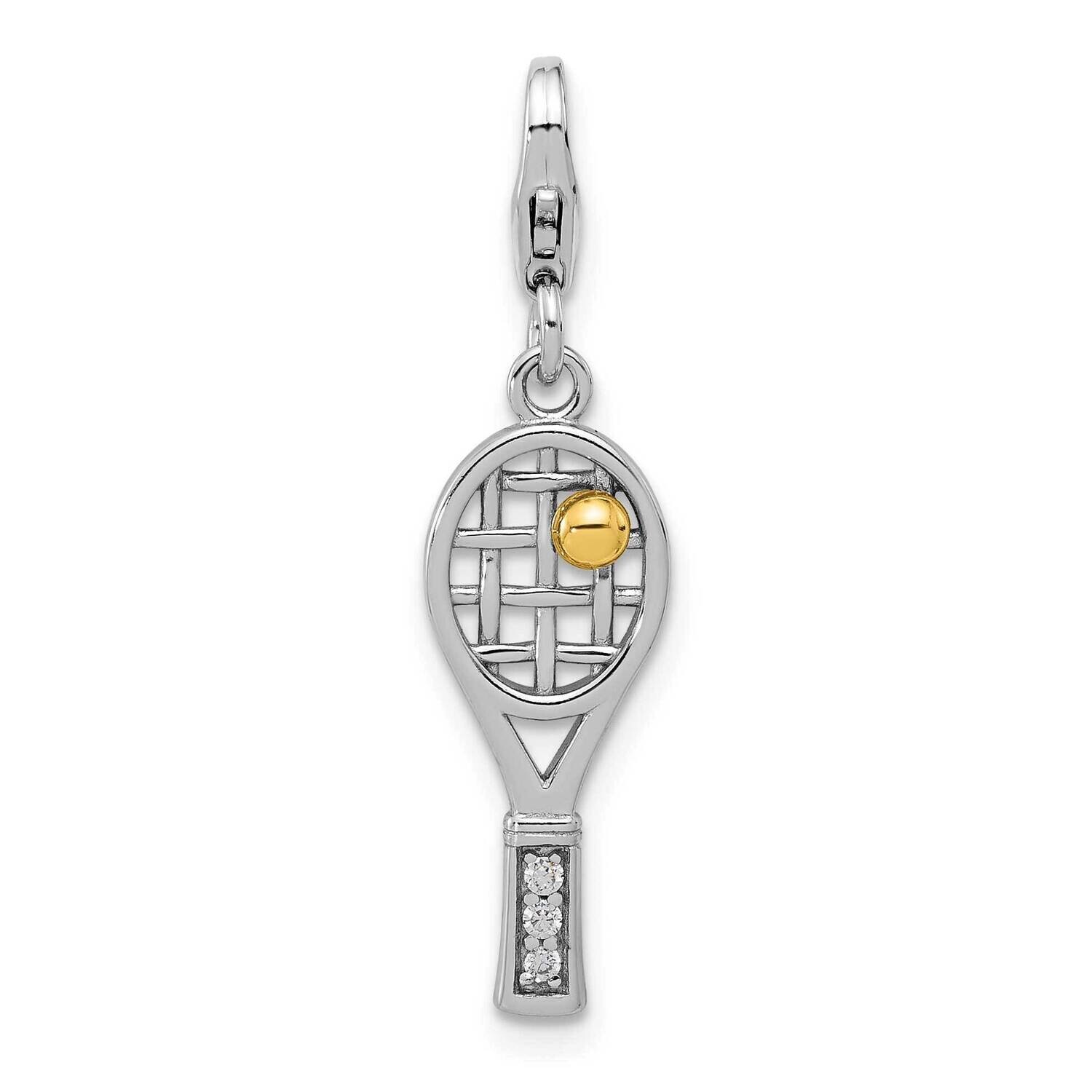 Amore La Vita Rh-Plated Gold-Plated CZ 3-D Tennis Racquet Charm Sterling Silver QCC1284, MPN: QCC12…