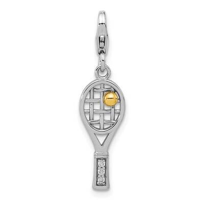 Amore La Vita Rh-Plated Gold-Plated CZ 3-D Tennis Racquet Charm Sterling Silver QCC1284, MPN: QCC12…