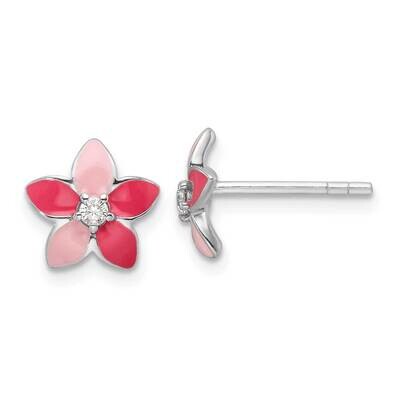 Rh-Plated Pink Enamel &amp; CZ Flower Children&#39;s Post Earrings Sterling Silver QE17723, MPN: QE17723,