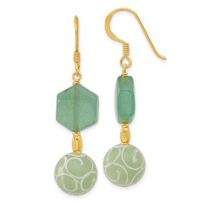 Gold-Pltd Hexagon Aventurine &amp; Swirl Jade Dangle Earrings Sterling Silver QE17350, MPN: QE17350,