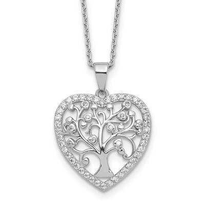 Cheryl M Brilliant-Cut CZ Tree Of Life Heart 18 Inch Necklace 2 Inch Extender Sterling Silver Rhodi…