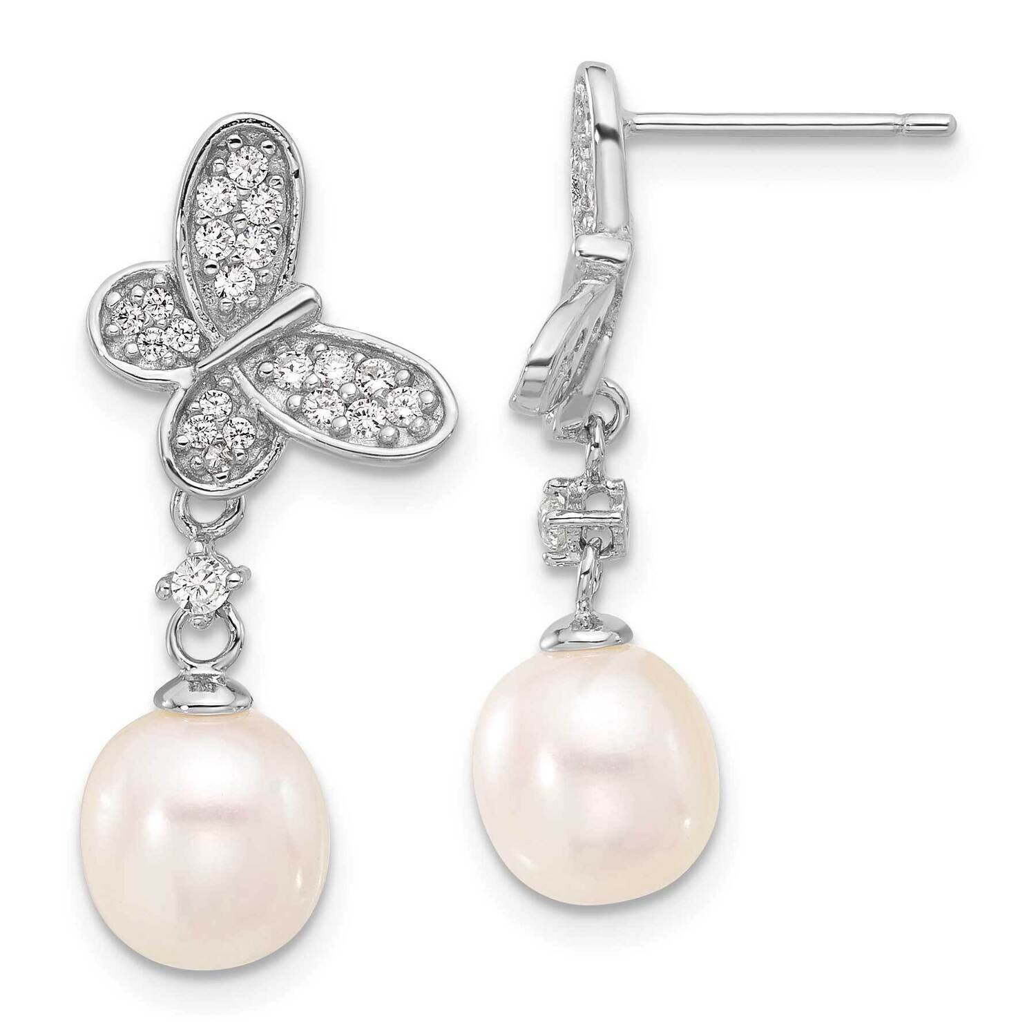 Rh-Plated 7-8mm Fwc Pearl CZ Butterfly Dangle Earrings Sterling Silver QE17224, MPN: QE17224,