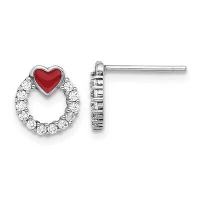 Enamel CZ Heart Post Earrings Sterling Silver Rhodium-Plated QE17505, MPN: QE17505,