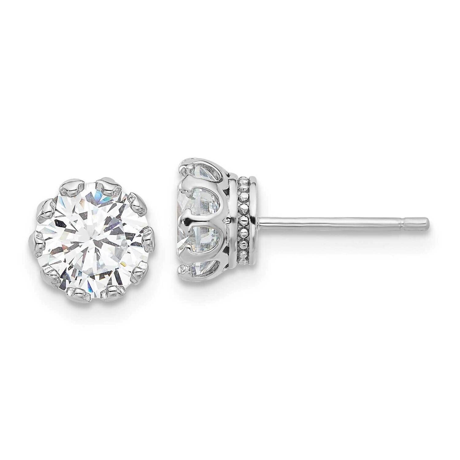 7mm CZ Crown Post Stud Earrings Sterling Silver Rhodium-Plated QE17113, MPN: QE17113,