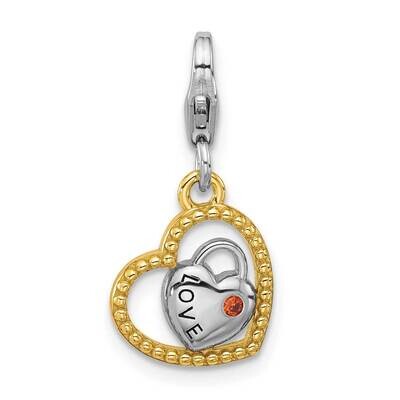 Amore La Vita Rhod/Gold-Plated Red CZ Double Heart Love Charm Sterling Silver QCC1269, MPN: QCC1269,