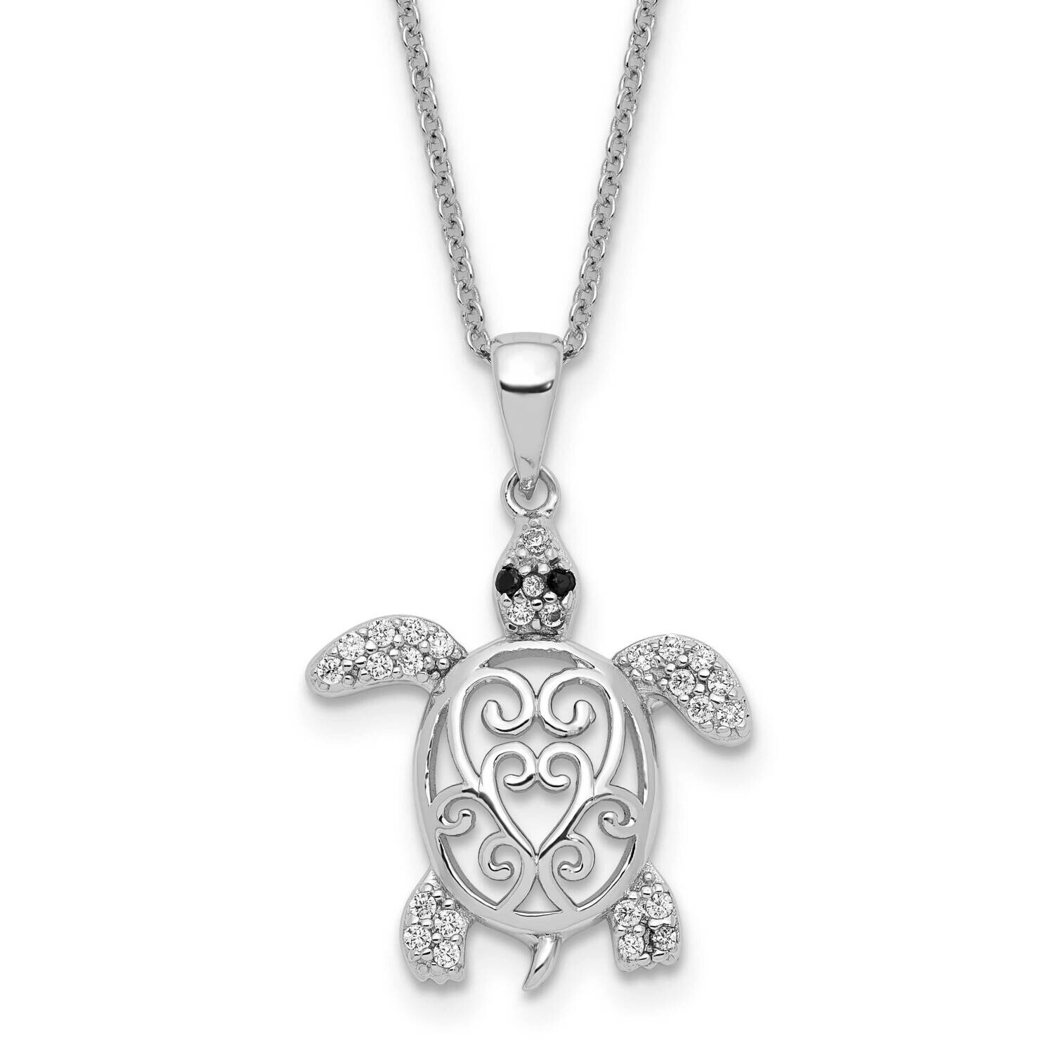 Cheryl M Brilliant-Cut Black Glass Brilliant-Cut White CZ Filigree Turtle 18 Inch Necklace Sterling…