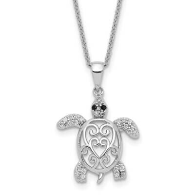 Cheryl M Brilliant-Cut Black Glass Brilliant-Cut White CZ Filigree Turtle 18 Inch Necklace Sterling…