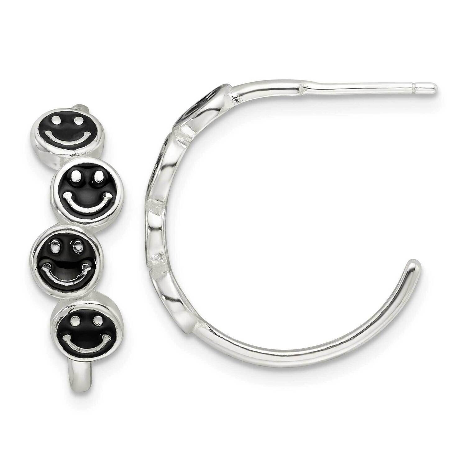 E-Coating Black Enamel Smiley Face Post Hoop Earrings Sterling Silver QE17610, MPN: QE17610,