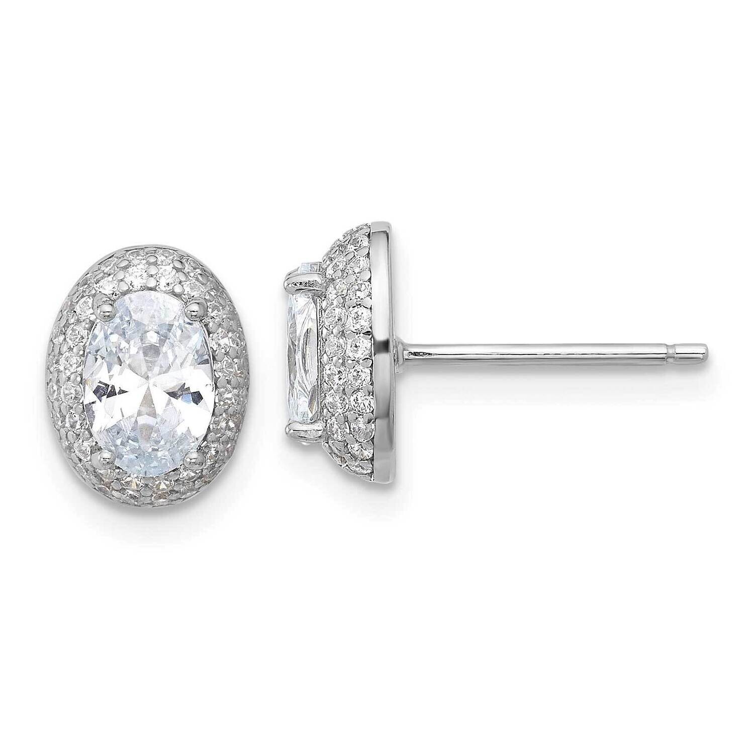 Rhod-Plated 7X5mm Oval CZ Double Halo Post Earrings Sterling Silver QE17105, MPN: QE17105,