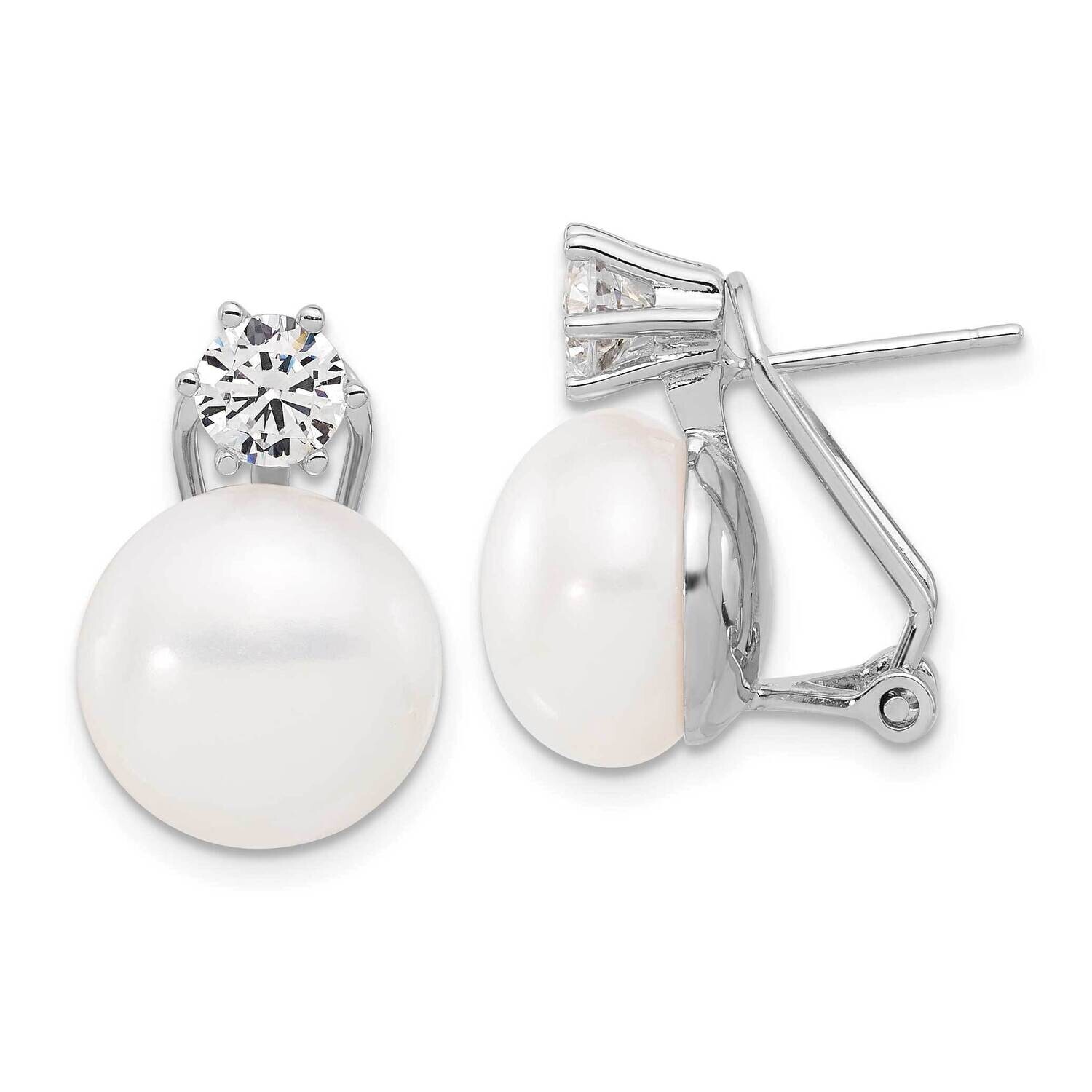 Rh-Plated 12-13mm Fwc Pearl CZ Omega Back Earrings Sterling Silver QE17230, MPN: QE17230,