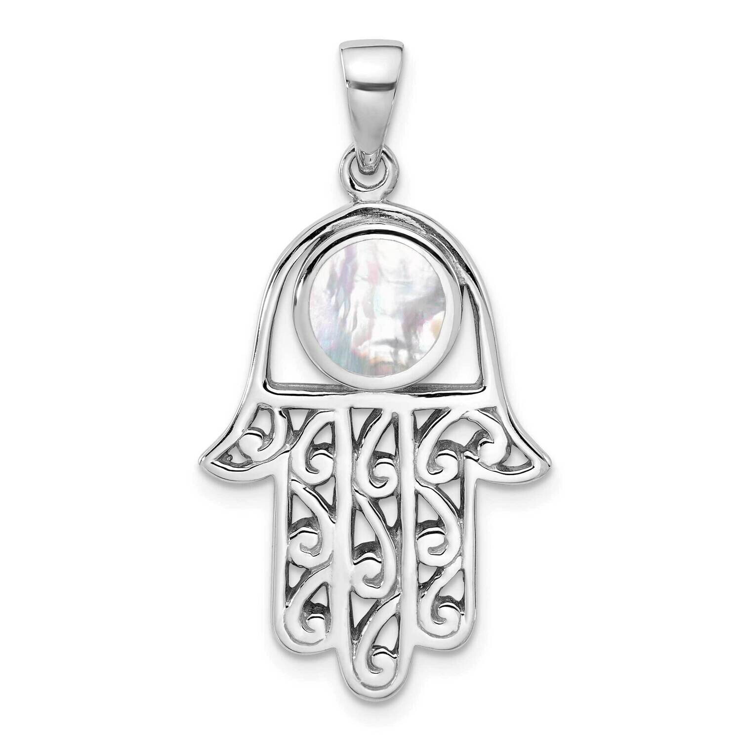 Polished Mother Of Pearl Hamsa Pendant Sterling Silver Rhodium-Plated QC11486 by Men&#39;s Jewelry and …