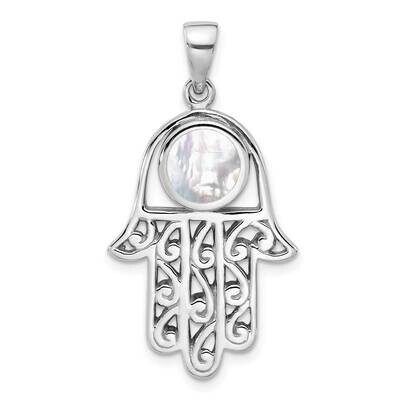 Polished Mother Of Pearl Hamsa Pendant Sterling Silver Rhodium-Plated QC11486 by Men&#39;s Jewelry and …