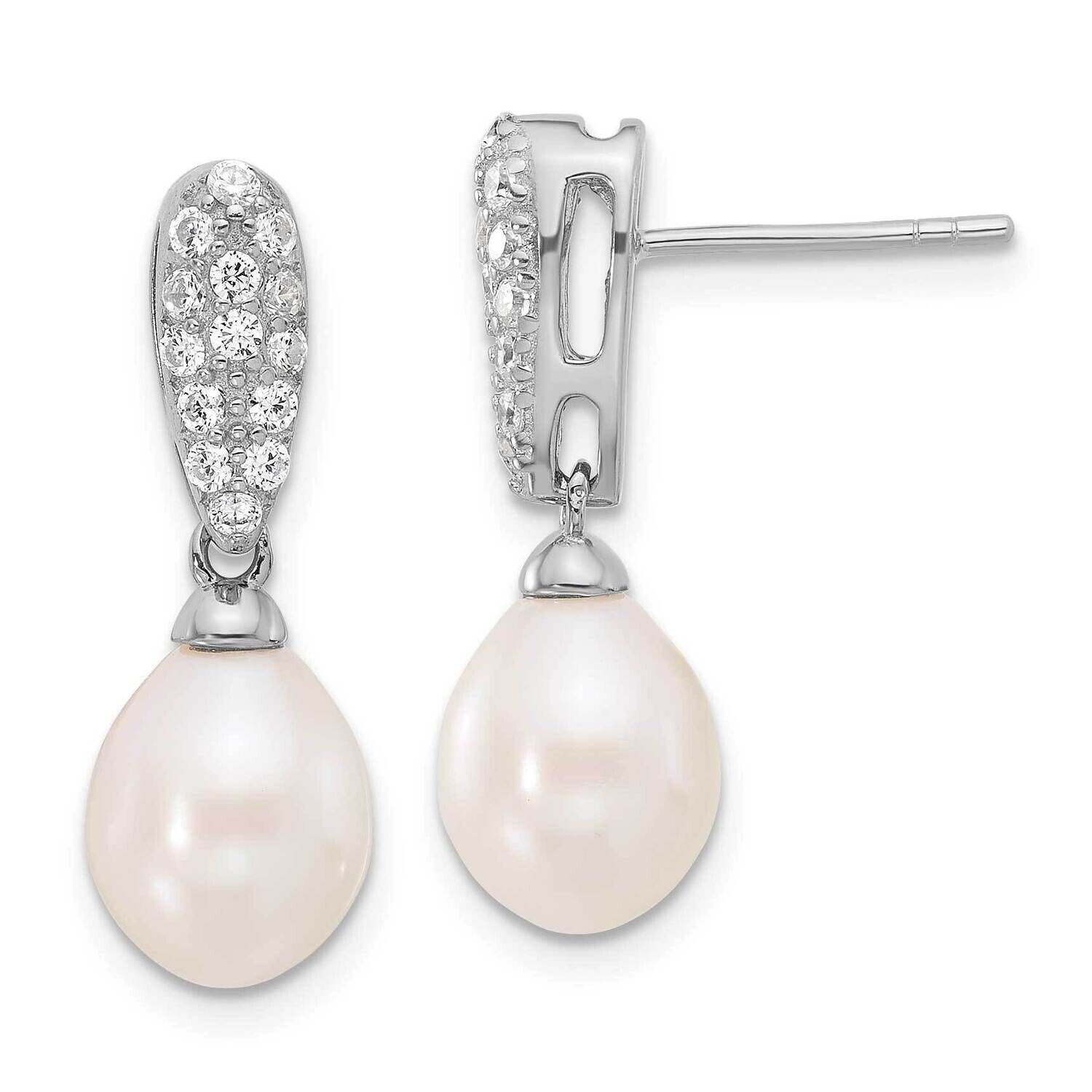 Rh-Plated 8-9mm Fwc Pearl CZ Post Dangle Earrings Sterling Silver QE17218, MPN: QE17218,