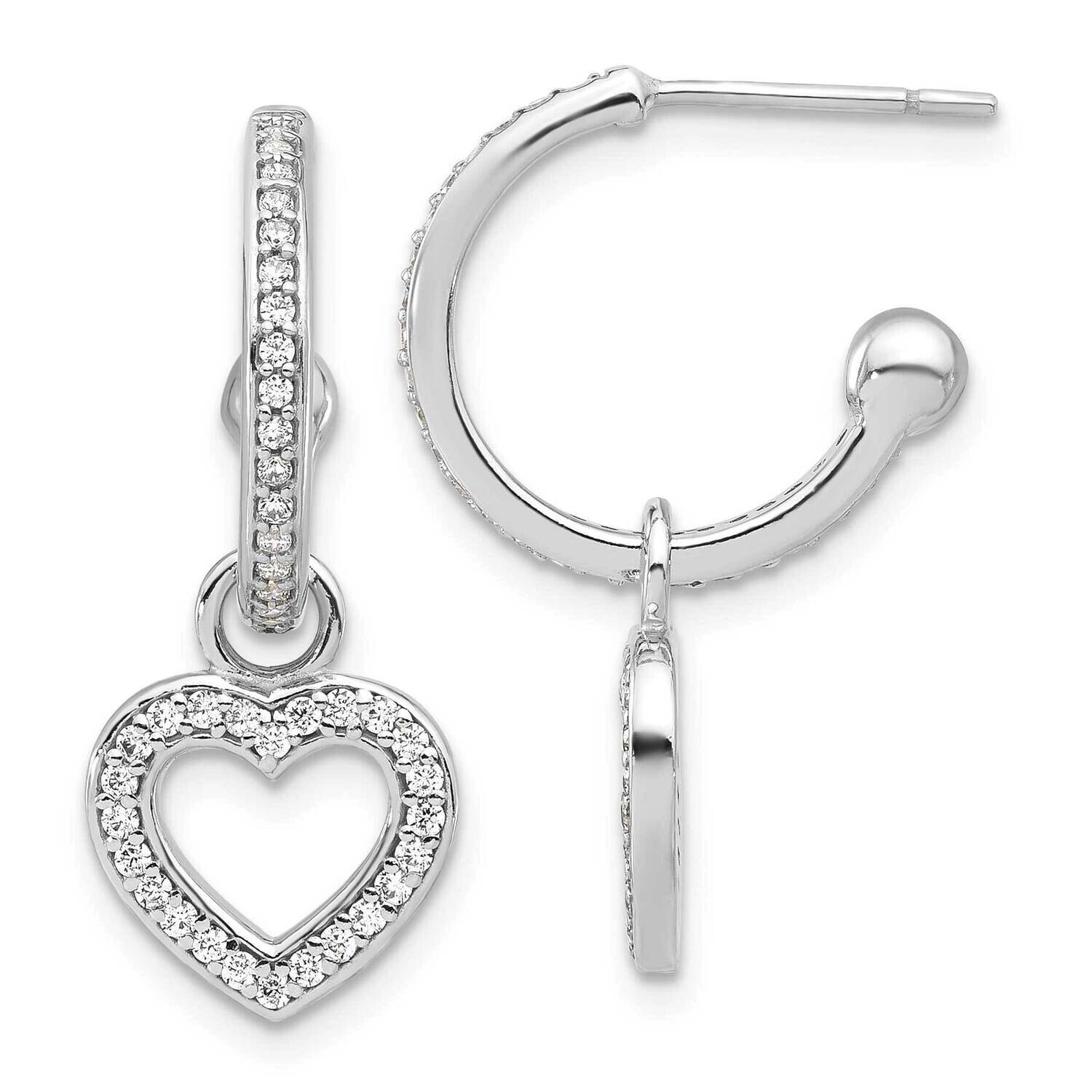 Rhod-Plated Polished CZ Dangle Heart Hoop Post Earrings Sterling Silver QE17534, MPN: QE17534,