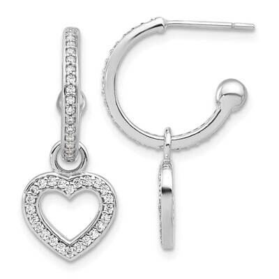 Rhod-Plated Polished CZ Dangle Heart Hoop Post Earrings Sterling Silver QE17534, MPN: QE17534,