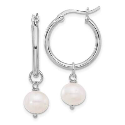 Rh-Plated Polished Fwc Pearl Dangle Round Hoop Earrings Sterling Silver QE17239, MPN: QE17239,