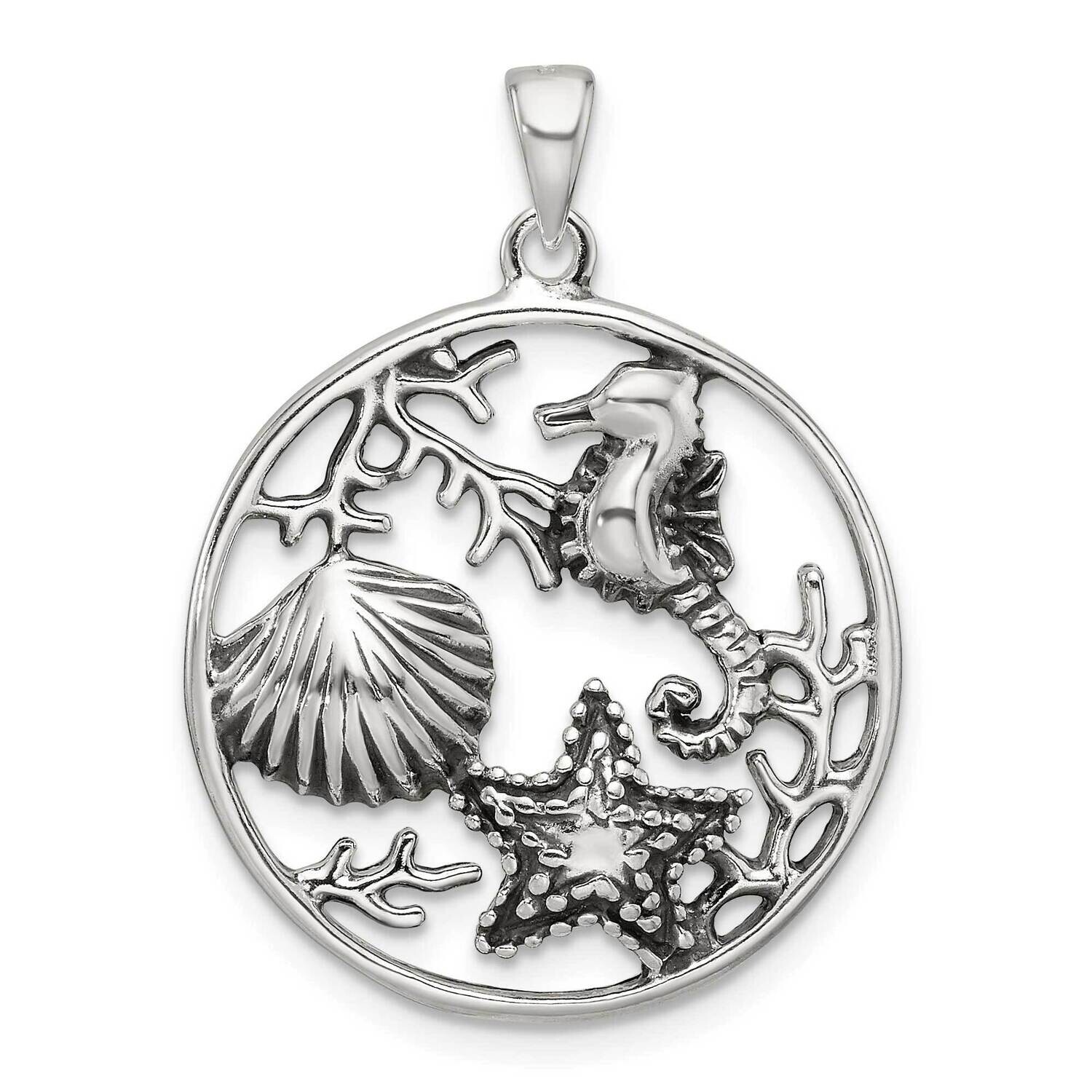 Antiqued Sea Life Circle Pendant Sterling Silver Polished QC11362, MPN: QC11362,