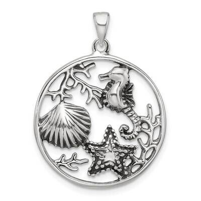 Antiqued Sea Life Circle Pendant Sterling Silver Polished QC11362, MPN: QC11362,