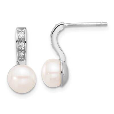 8-8.5mm Button Fwc Pearl/CZ Post Earrings Sterling Silver Rhodium-Plated QE17217, MPN: QE17217,
