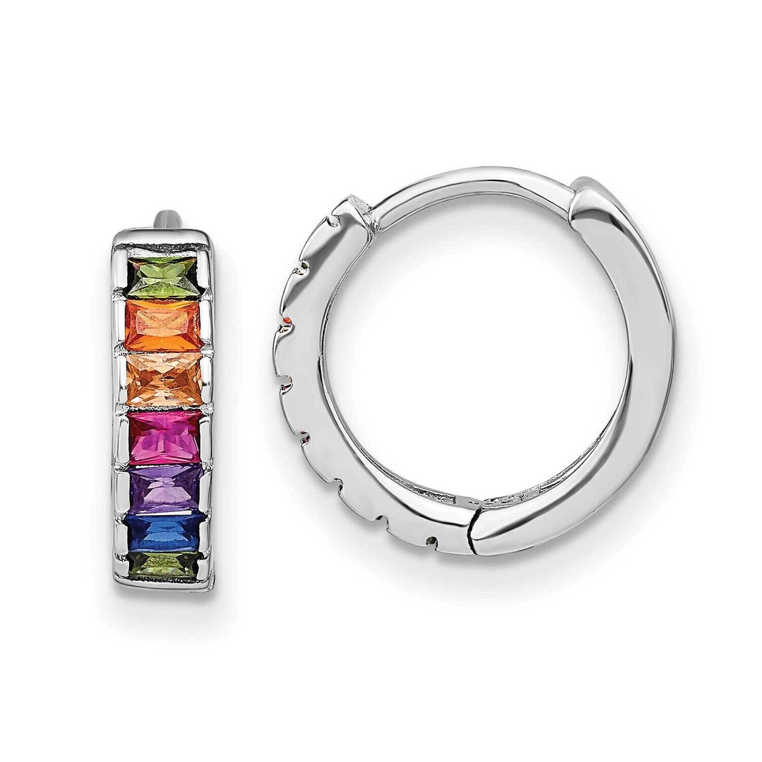 Prizma Channel-Set White Colorful Baguette CZ Hinged Hoop Earrings Sterling Silver Rhodium-Plated Q…