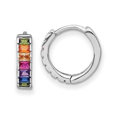 Prizma Channel-Set White Colorful Baguette CZ Hinged Hoop Earrings Sterling Silver Rhodium-Plated Q…