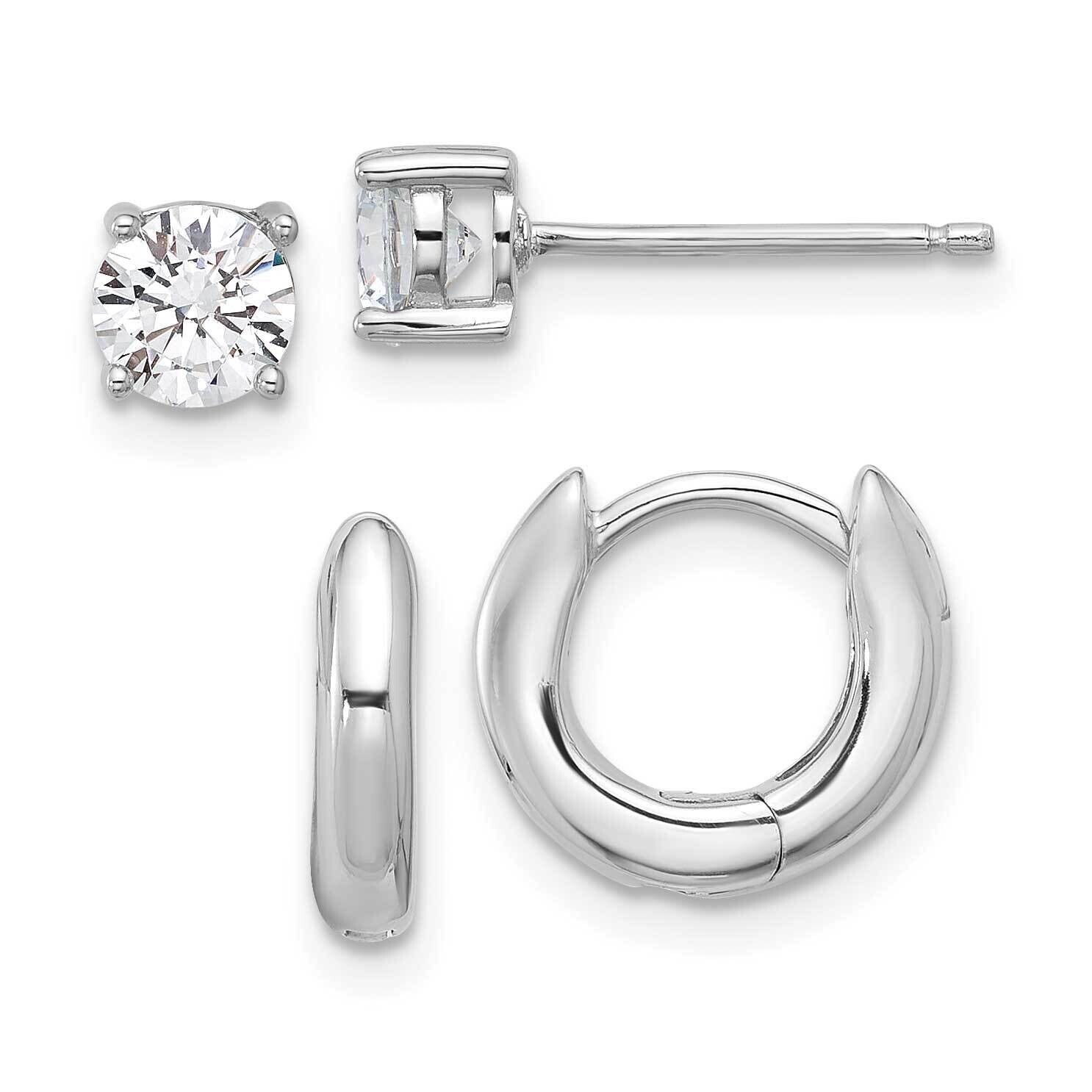 Rh-Plated 2.5mm Huggie Hoops 5mm CZ Stud Earrings Set Sterling Silver QE16721SET, MPN: QE16721SET,