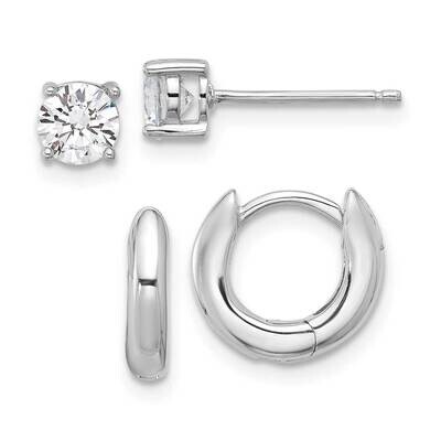 Rh-Plated 2.5mm Huggie Hoops 5mm CZ Stud Earrings Set Sterling Silver QE16721SET, MPN: QE16721SET,