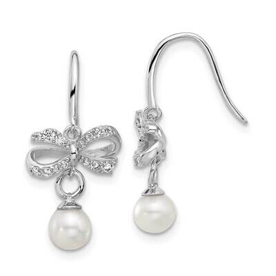 Cheryl M Freshwater Cultured Pearl Brilliant-Cut CZ Bow Shepherd Hook Dangle Earrings Sterling Silv…