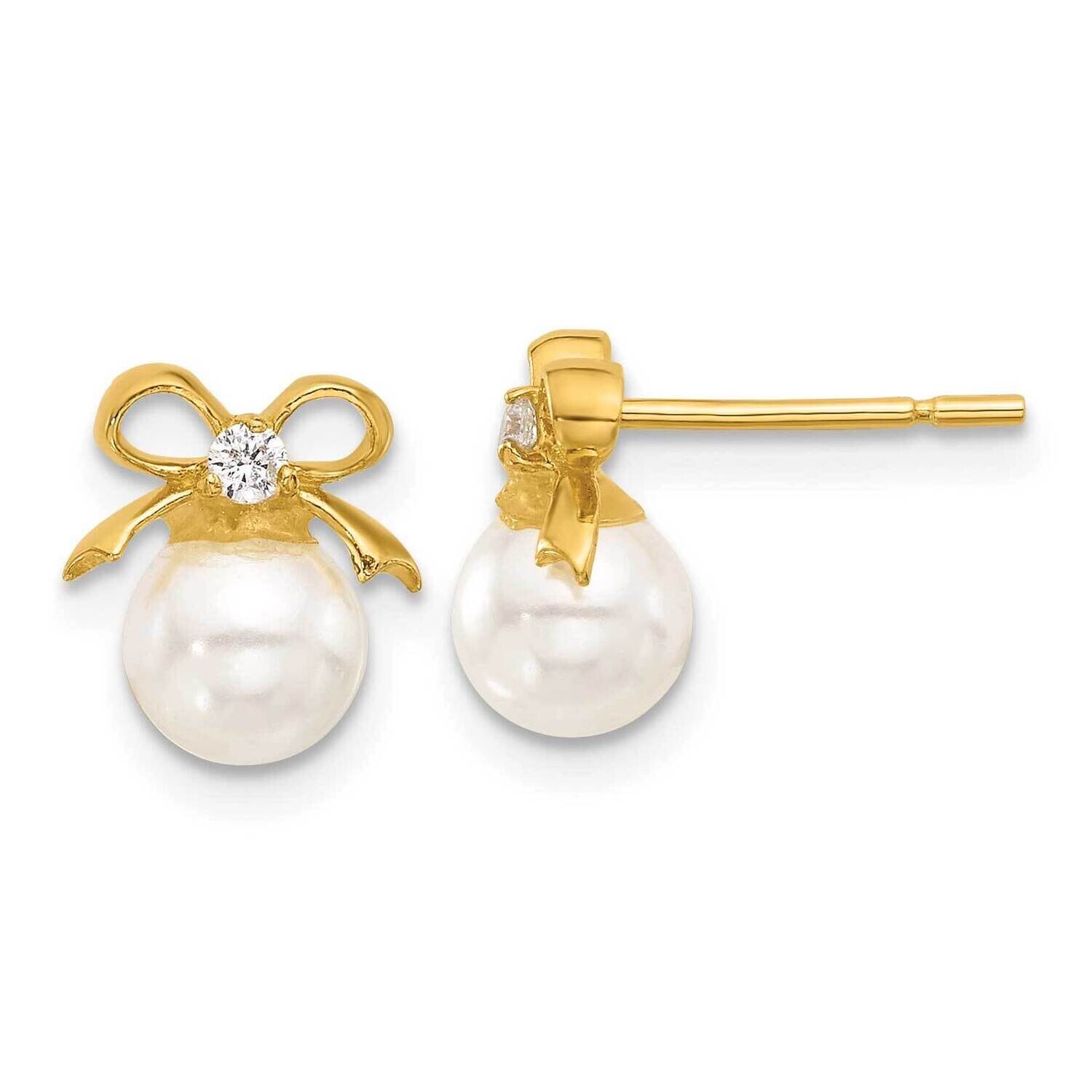 Gold-Tone Polished CZ Synthetic Pearl Bow Post Earrings Sterling Silver QE17262