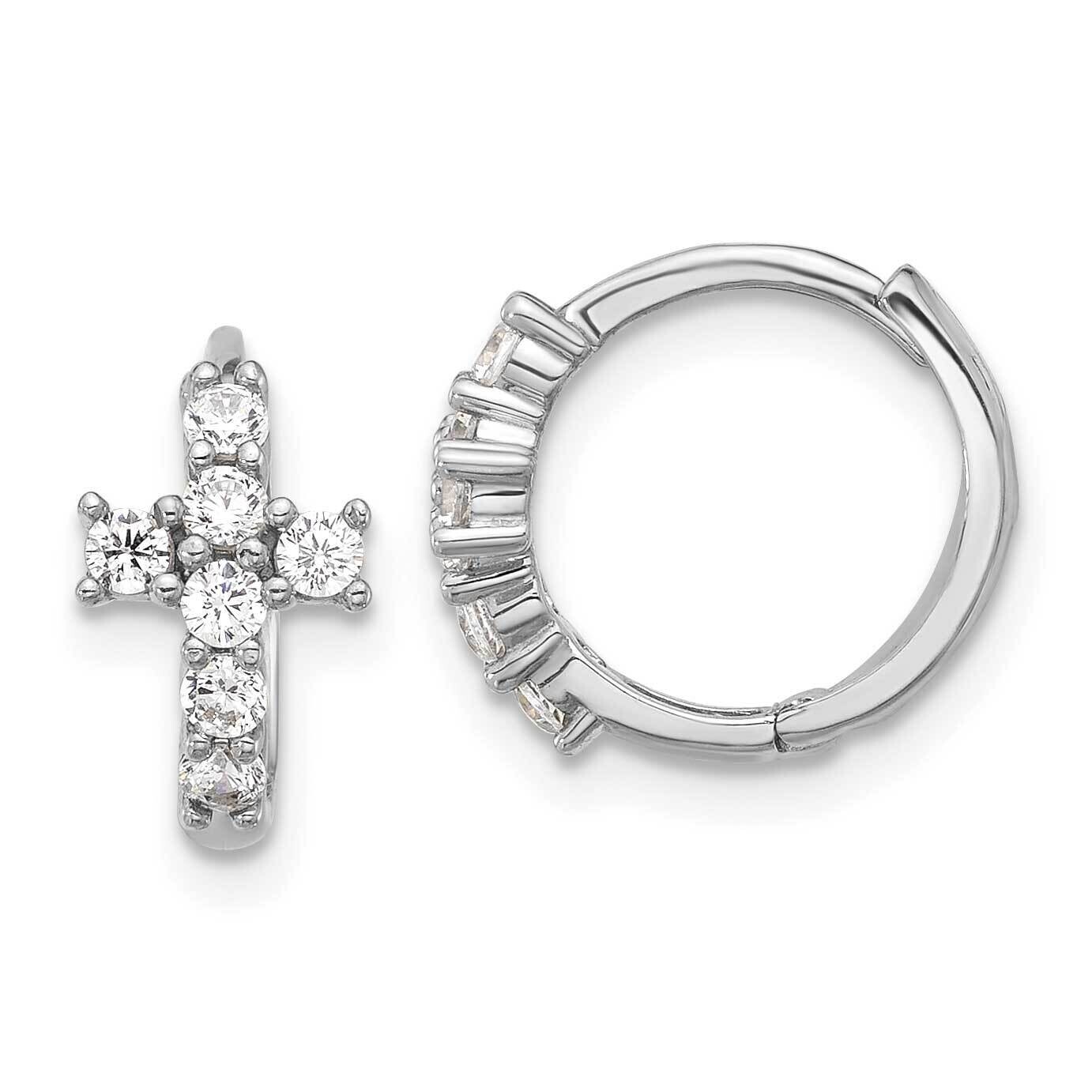 Rh-Plated Polished CZ Cross Hinged Round Hoop Earrings Sterling Silver QE17683, MPN: QE17683,