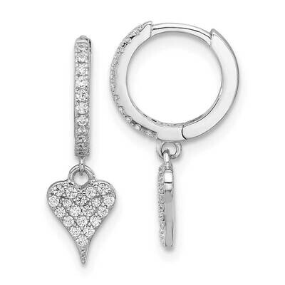 CZ Heart Dangle Hinged Hoop Earrings Sterling Silver Rhodium-Plated QE17535, MPN: QE17535,