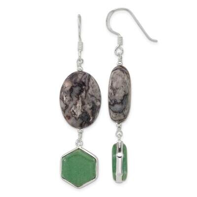 Hexagon Aventurine &amp; Oval Leopard Jasper Dangle Earrings Sterling Silver QE17357, MPN: QE17357,