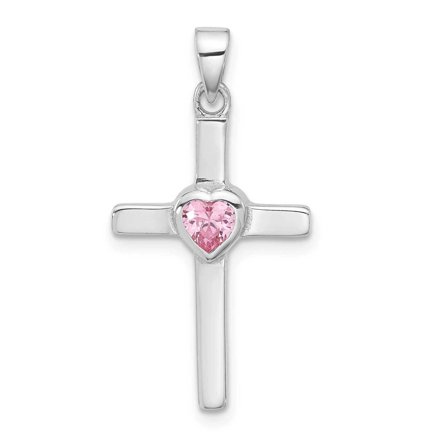 Pink Heart CZ Cross Pendant Sterling Silver Rhodium-Plated QC11441, MPN: QC11441,