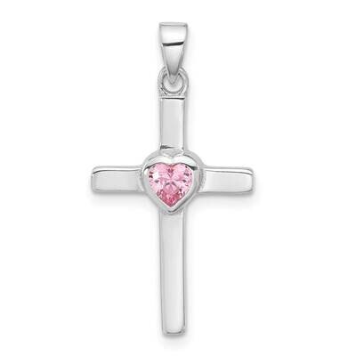 Pink Heart CZ Cross Pendant Sterling Silver Rhodium-Plated QC11441, MPN: QC11441,