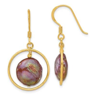 Gold-Plated Polished Brown Fwc Coin Pearl Dangle Earrings Sterling Silver QE17285GP, MPN: QE17285GP,