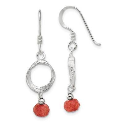 Textured Circle Red Jade Dangle Earrings Sterling Silver Polished QE17312, MPN: QE17312,