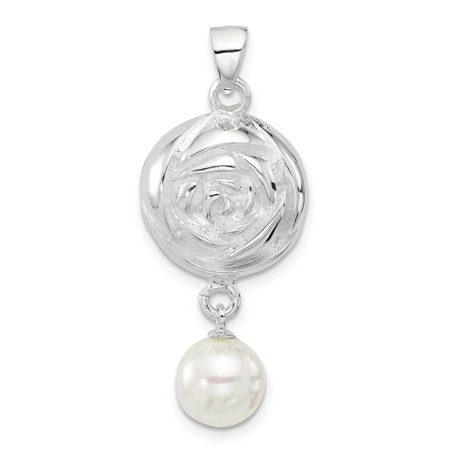 Textured Domed Flower Dangle Pearl Pendant Sterling Silver Polished QC11323, MPN: QC11323,