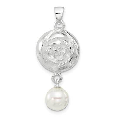Textured Domed Flower Dangle Pearl Pendant Sterling Silver Polished QC11323, MPN: QC11323,