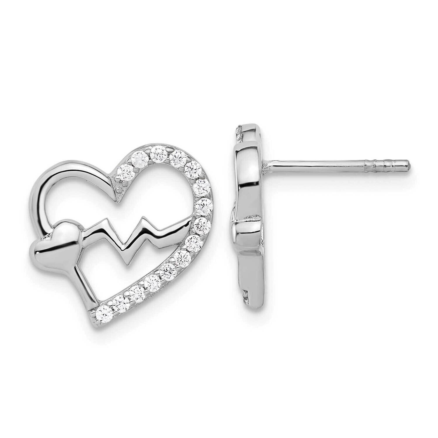 Polished CZ Heartbeat Heart Post Earrings Sterling Silver Rhodium-Plated QE17520