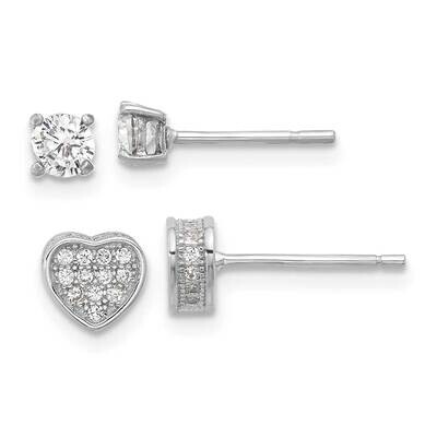 Rh-Plated Pavc CZ Heart 4mm CZ Stud Post Earrings Set Sterling Silver QE16719SET, MPN: QE16719SET,