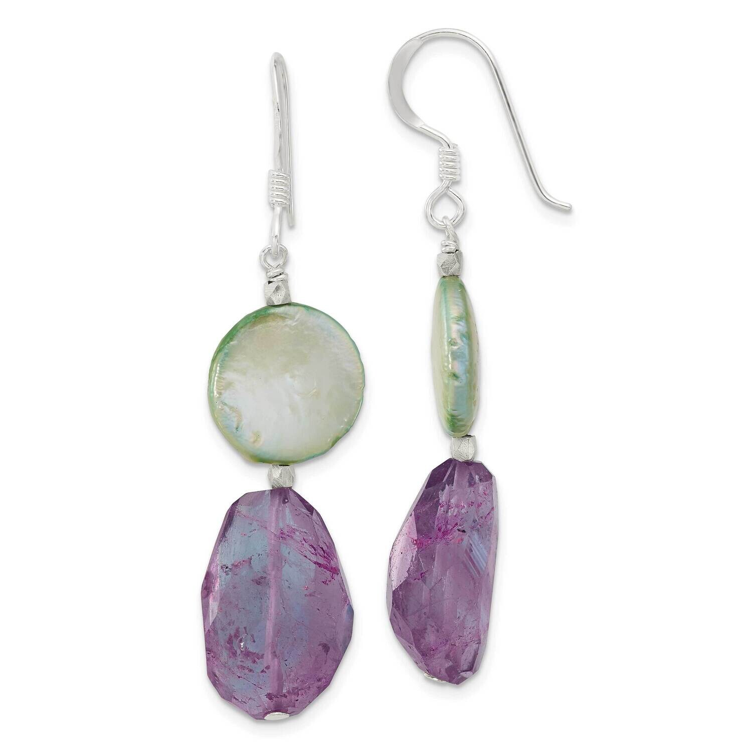 Amethyst Green Pearl Dangle Shepherd Earrings Sterling Silver QE16662, MPN: QE16662,