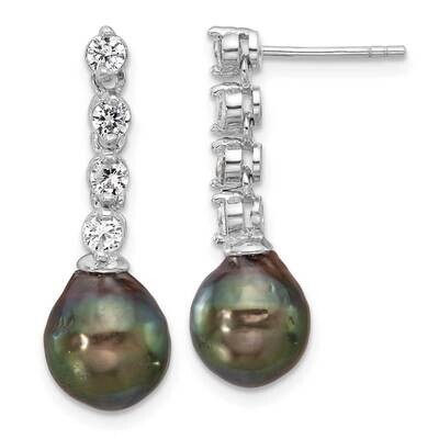 Rh-Plated 9-10mm Tahitian Pearl CZ Post Dangle Earrings Sterling Silver QE16714, MPN: QE16714,