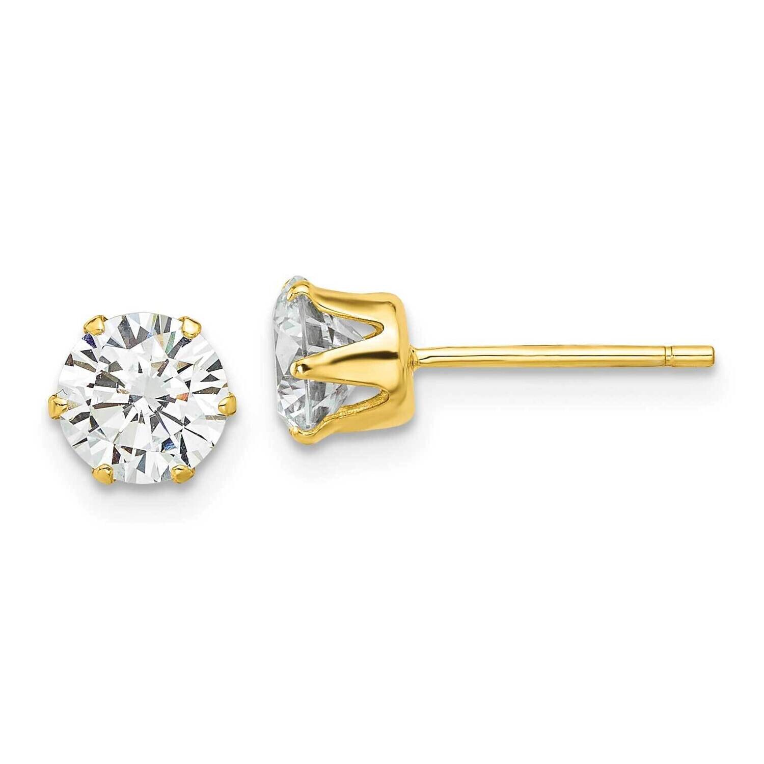 Gold-Tone Polished 6 Prong 6mm CZ Post Stud Earrings Sterling Silver QE17107GP